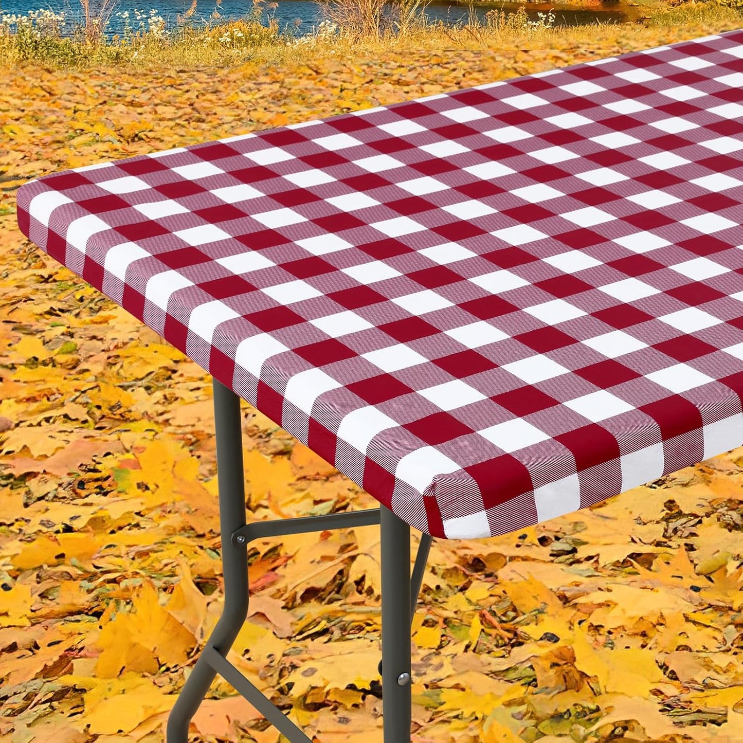 Rectangle Picnic Table Cloth, Elastic Waterproof Fitted Vinyl Tablecloths, Flannel Backed Buffalo Plaid Table Covers for Dining, Camping, Outdoor (Burgundy and White, 30" X 72")