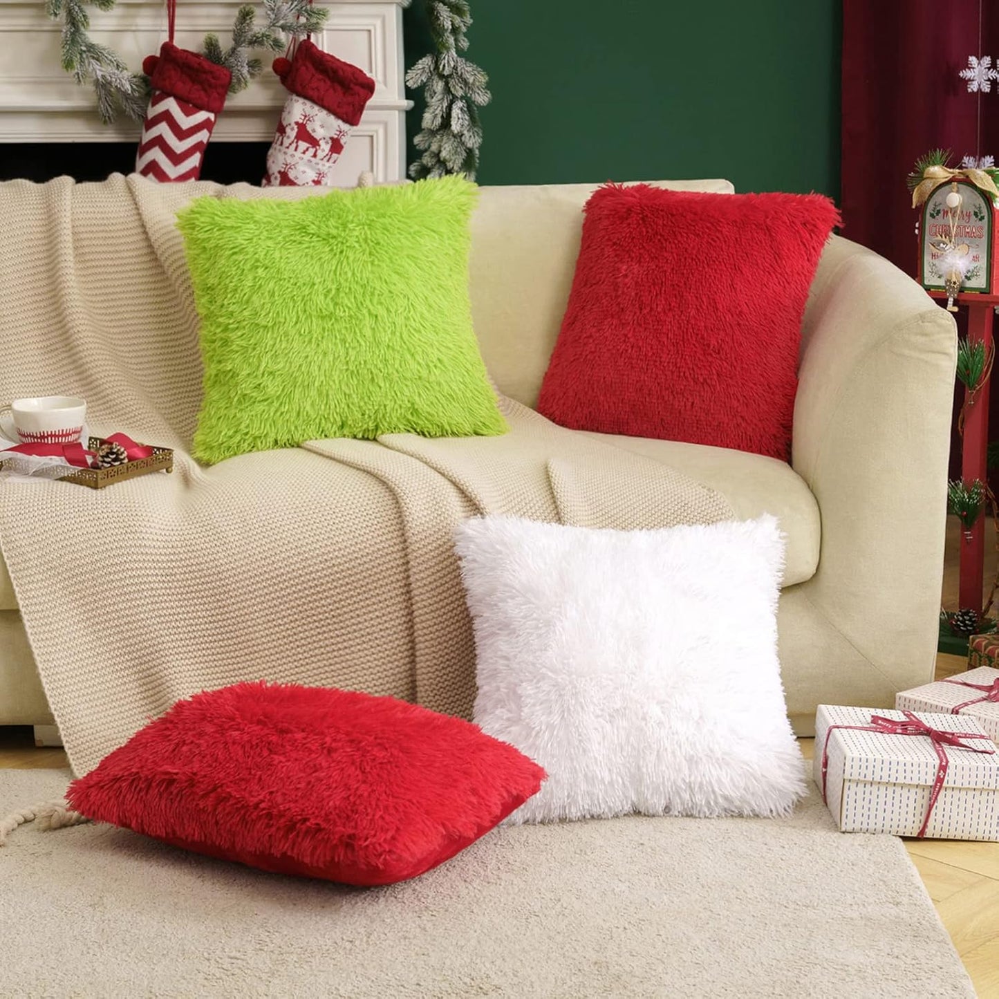Pack of 2 Luxury Faux Fur Throw Pillow Cover Deluxe Winter Christmas Decorative Plush Pillow Case Cushion Cover Shell for Sofa Bedroom Car Spring 18X18 Inch Green