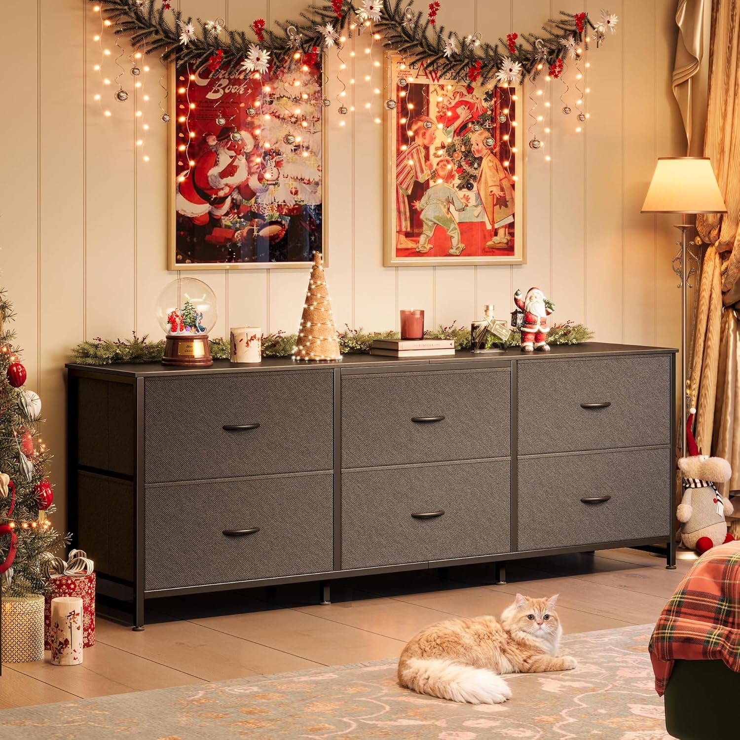 63-Inch Modern Dresser and TV Stand Combo, Suitable for 55 to 70 Inch TVs, 6-Drawer Storage Organizer with Fabric Drawers for Bedroom and Entryway, Black Finish