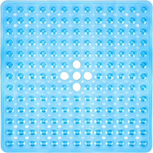 Shower Mat Non Slip 21 X 21 Inches, Square Shower Mat with Suction Cups and Drain Holes, Shower Stall Mat Machine Washable (Clear Blue)