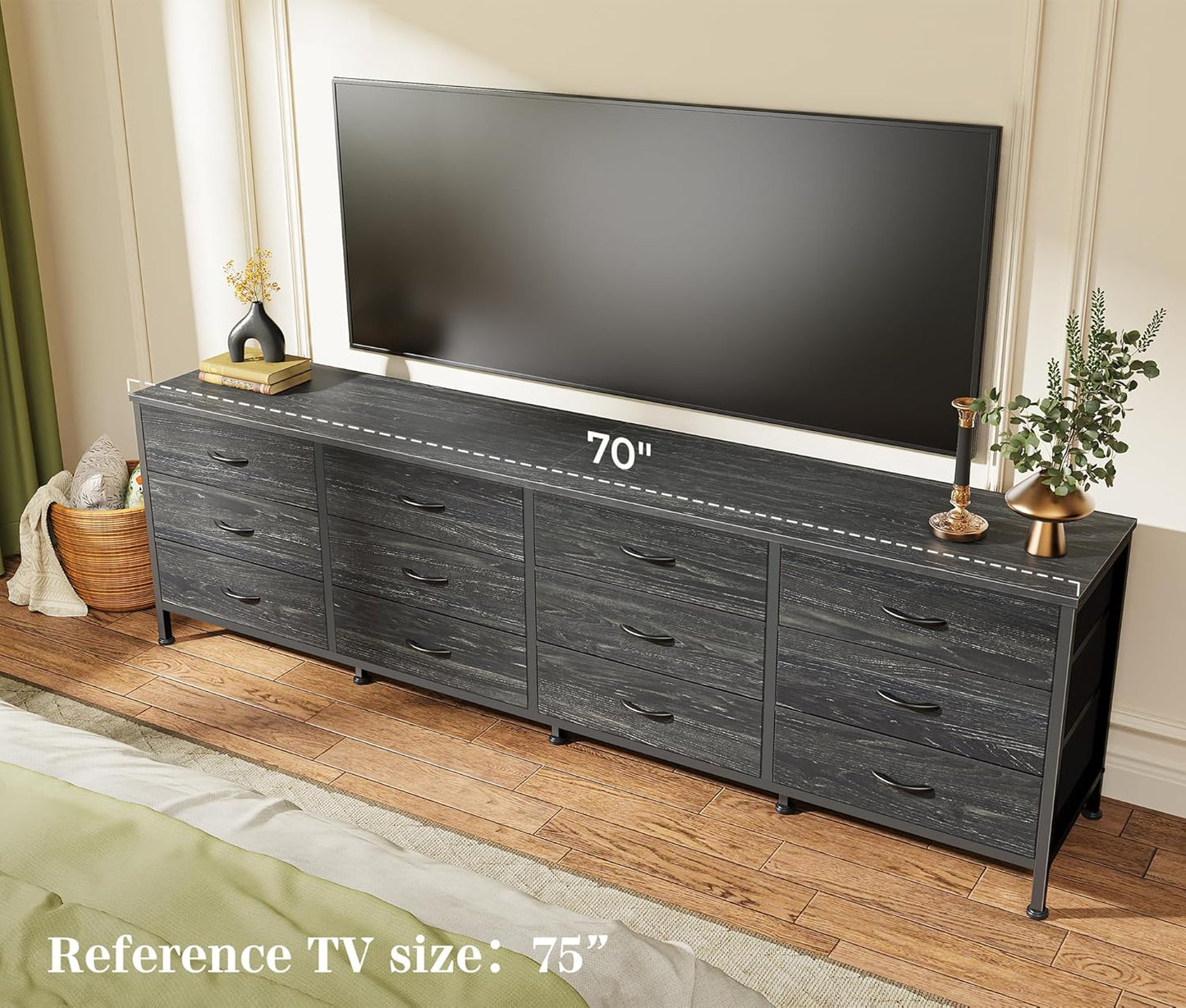 70-Inch Charcoal Black Wood Grain Dresser and TV Stand for 65-80 Inch TVs with 12 Fabric Drawers - Large Storage Organizer Unit for Bedroom