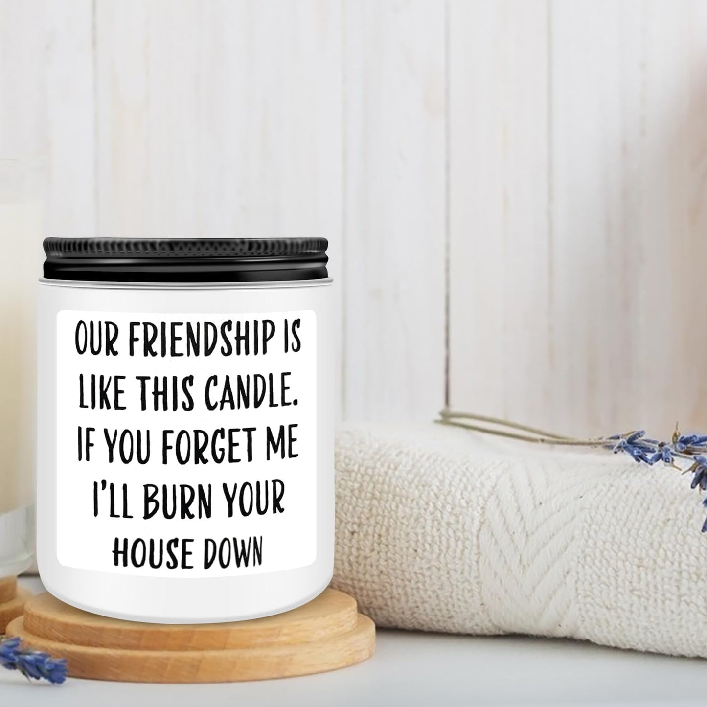 Friends Birthday Christmas Gifts for Women, Friend Funny Scented Soy Candles Gift, Our Friendship White Candle Premium Lavender Scent