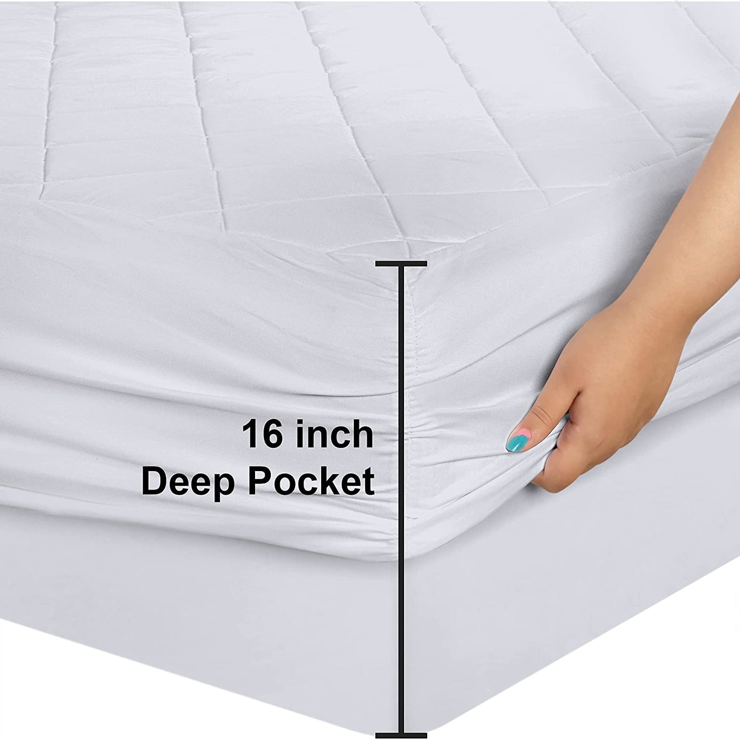 Quilted Fitted Mattress Pad, Queen Size, Elastic Fitted Mattress Topper Protector and Cover Stretches up to 16 Inches Deep, Machine Washable (White)