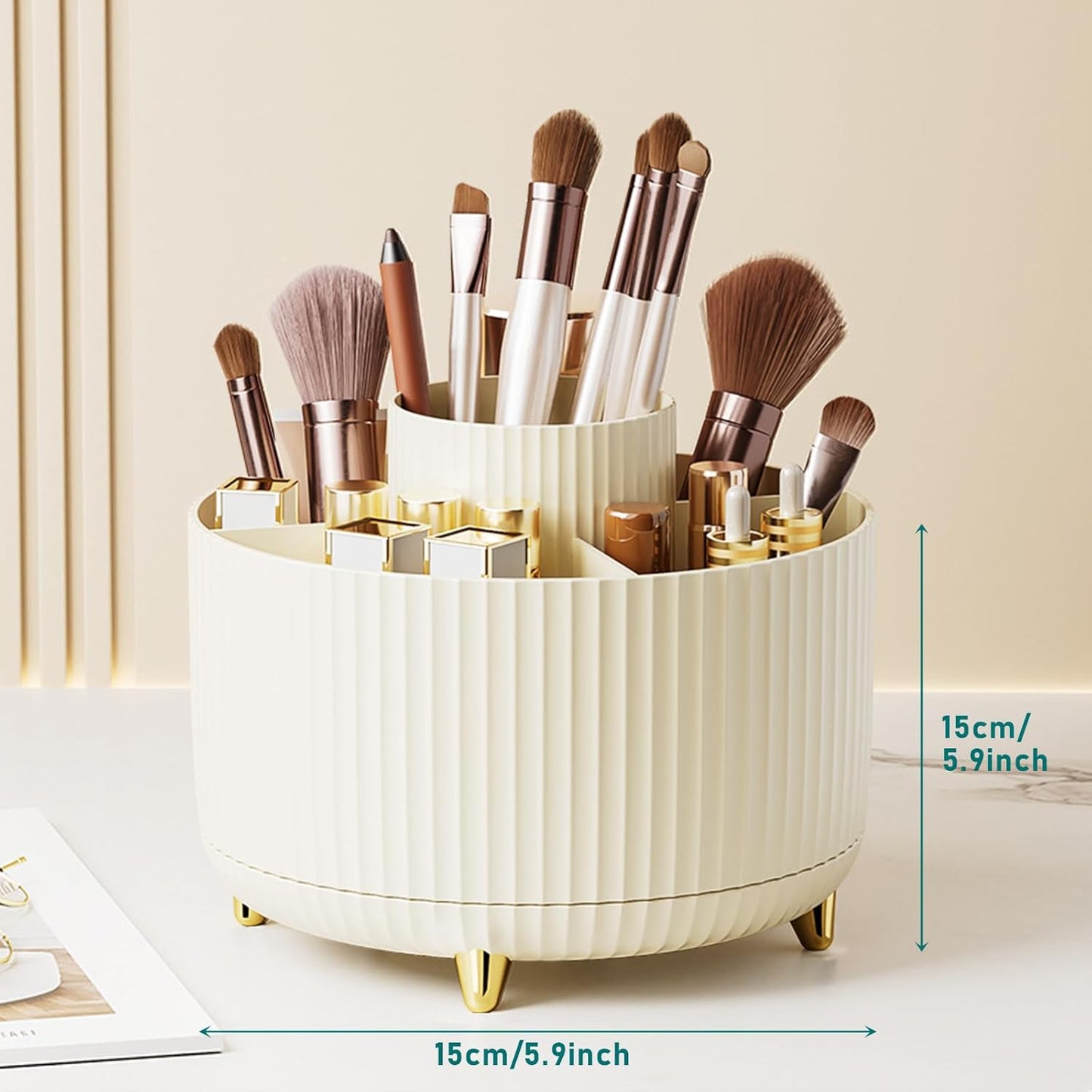 Makeup Brush Holder Organizer,360° Rotating Makeup Brush Organizer,5 Slot Make up Brushes Cup for Cosmetics, Nail Polish, Art Supply, Bathroom Vanity Desktop Organizer - Cream