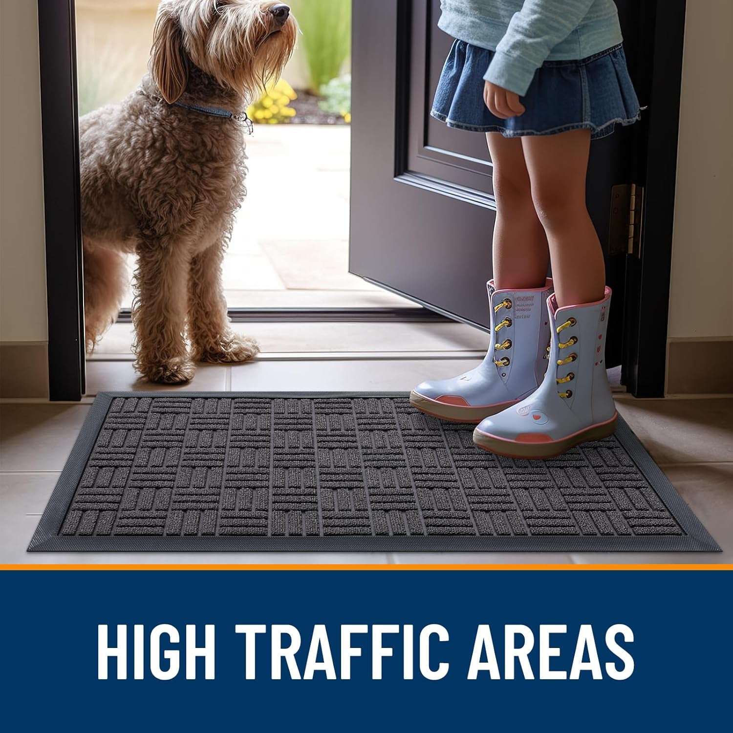 Front Door Mat outside Entrance 29X17, Absorbent, Heavy Duty Sturdy Natural Rubber Doormat Indoor Outdoor, Stain and Fade Resistant, Non-Slip Backing Low Profile Floor Mat for Entryway, Gray