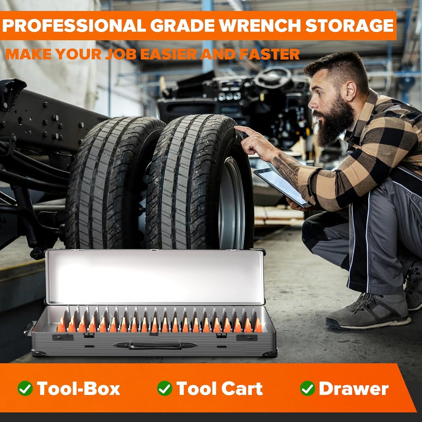 40PCS Modular Wrench Organizer - Wrench Tool Organizers for Tool Drawer Storage, Wrench Storage Set with Metric & SAE Label, Wrenches Rack Tool Gift for Professional Mechanics Men, Black & Orange