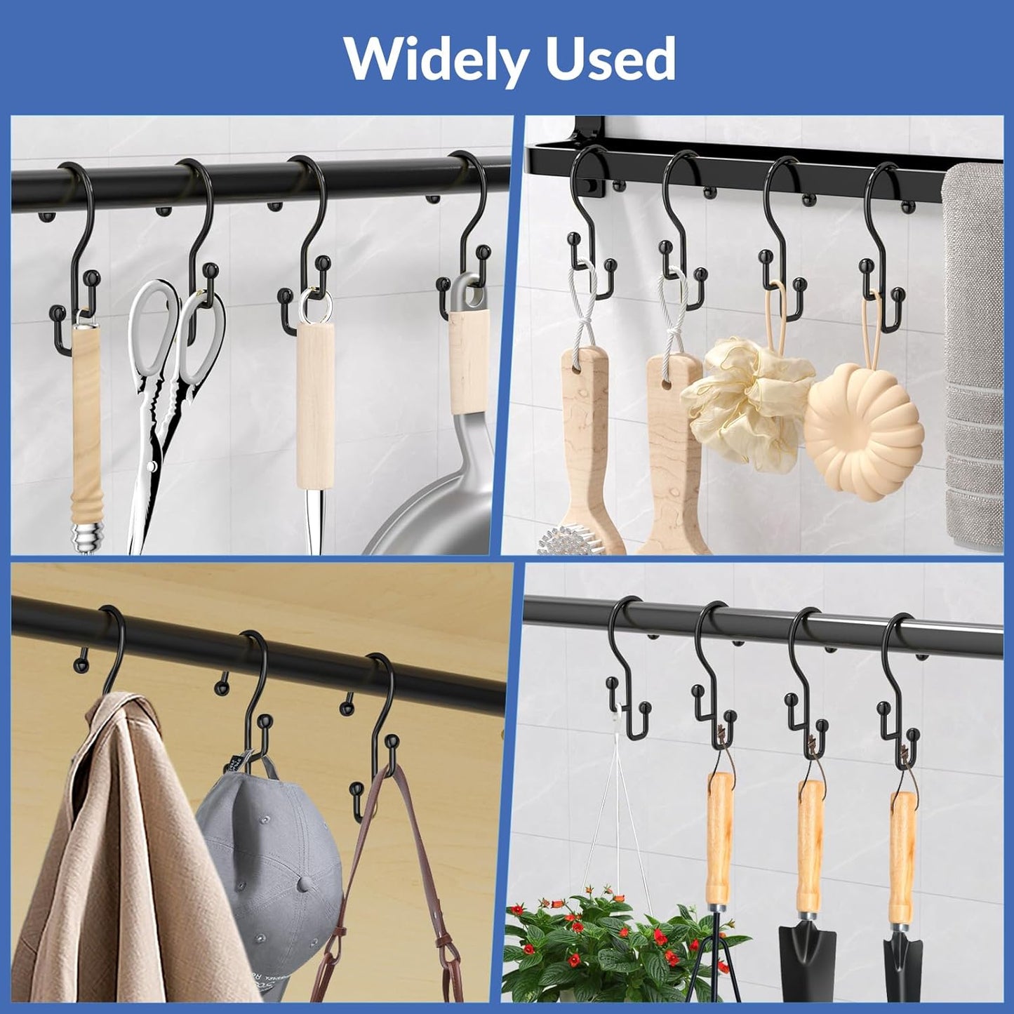 Shower Curtain Hooks, Black Shower Curtain Hooks Rust Proof, Anti-Drop Metal Shower Curtain Rings Hooks, Double Shower Hooks for Shower Curtain, Shower Rings for Curtain & Liner, Black-12 Pcs