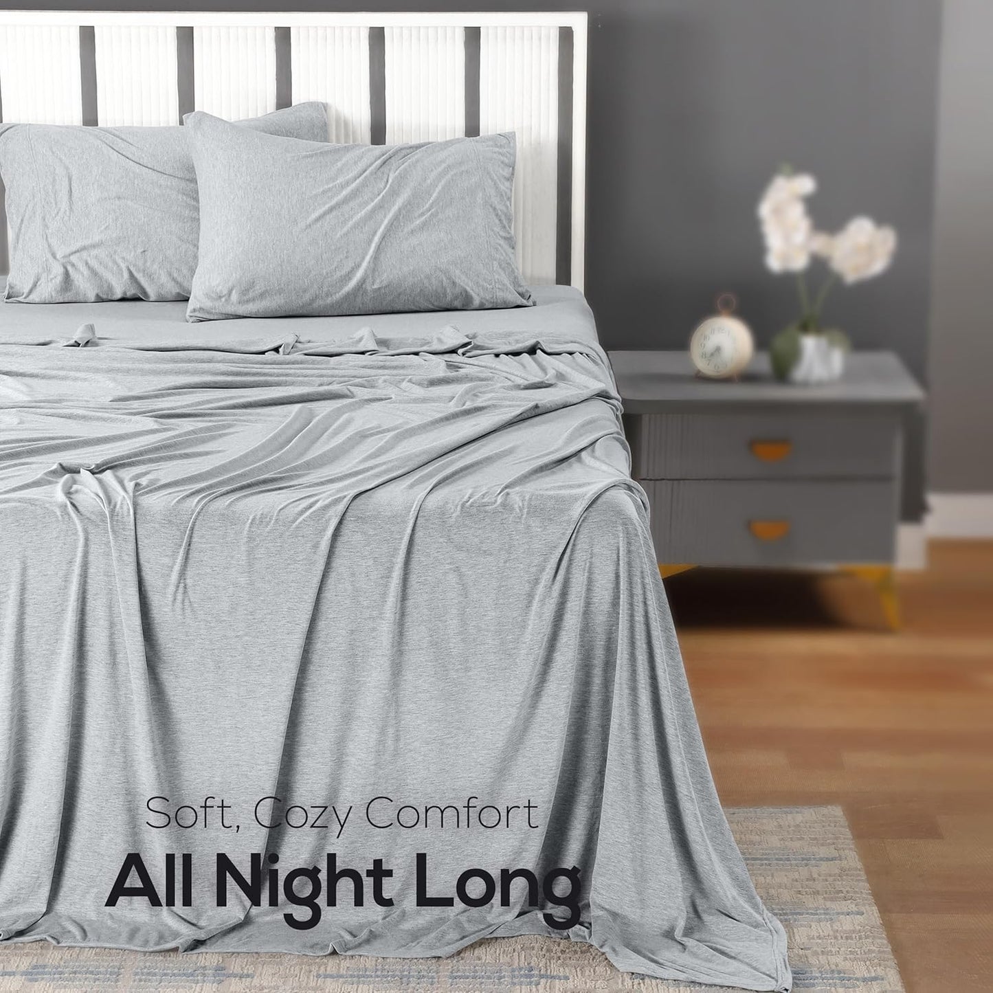 Queen Sheet Set - Jersey Knit Sheets 4 Piece – Cotton – Soft T-Shirt Stretchy Sheets (Heather Light Grey)