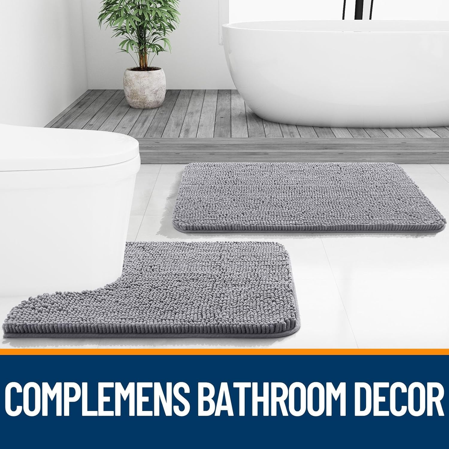 Bathroom Rugs Sets 2 Piece, Soft Absorbent Chenille Bath Mats Area Rug Set, Non-Slip, Quick Dry, Machine Washable Bath Mats for Bathroom, Home Decor Accessories (30"X20"+24"X16", Grey)