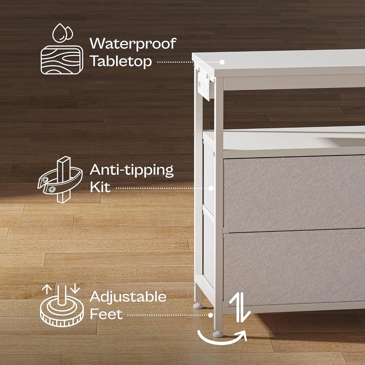 Modern LED TV Stand for Bedroom - 47 Inch Dresser with Storage for 43, 50, and 55 Inch TVs, White Entertainment Center with Power Outlets and 6 Drawer Fabric Dresser for Living Room