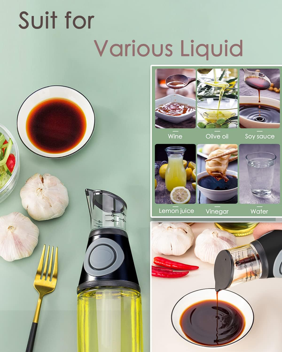 Oil Dispenser Bottle, 8.5Oz Olive Oil Dispenser Oil Sprayer, Clear Glass Refillable Oil and Vinegar Dispenser Bottle with Measuring Scale Pump for Kitchen, Cooking, Salads, Baking Frying