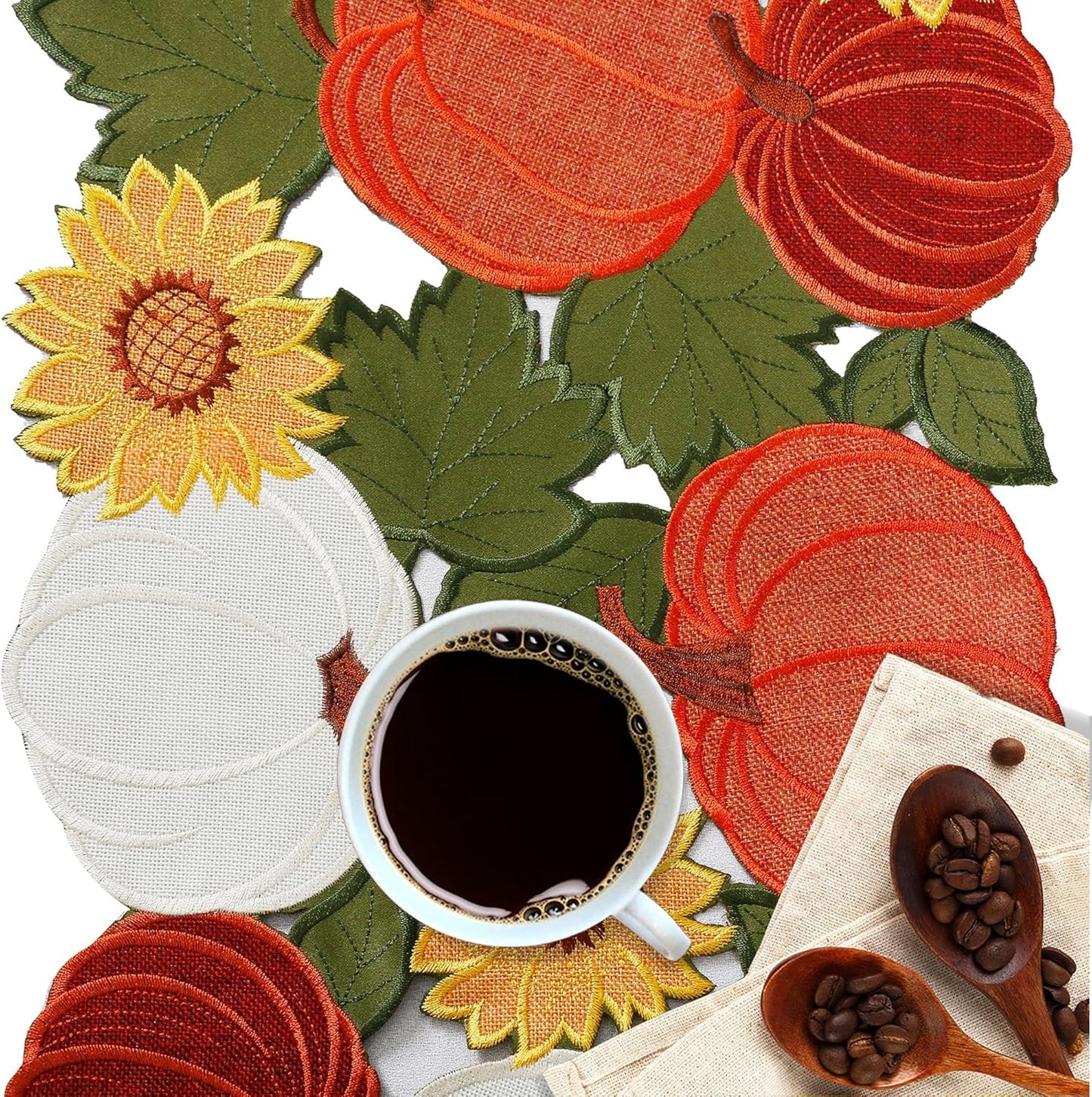 Thanksgiving Table Runner 70 Inches Long, Fall Table Runner Cutwork Applique Embroidered Pumpkin with Sunflower Dresser Scarf for Home Dining Holiday Autumn Halloween Decor, 13 X 70 Inch