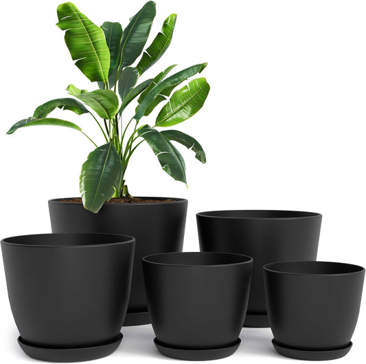 - Plant Pots Indoor with Drainage - 7/6.6/6/5.3/4.8 Inches Flower Pots for Indoor Planter - 5 Pack Plastic Planters - Ideal for Stocking Stuffers or Home Christmas Decorations - Black