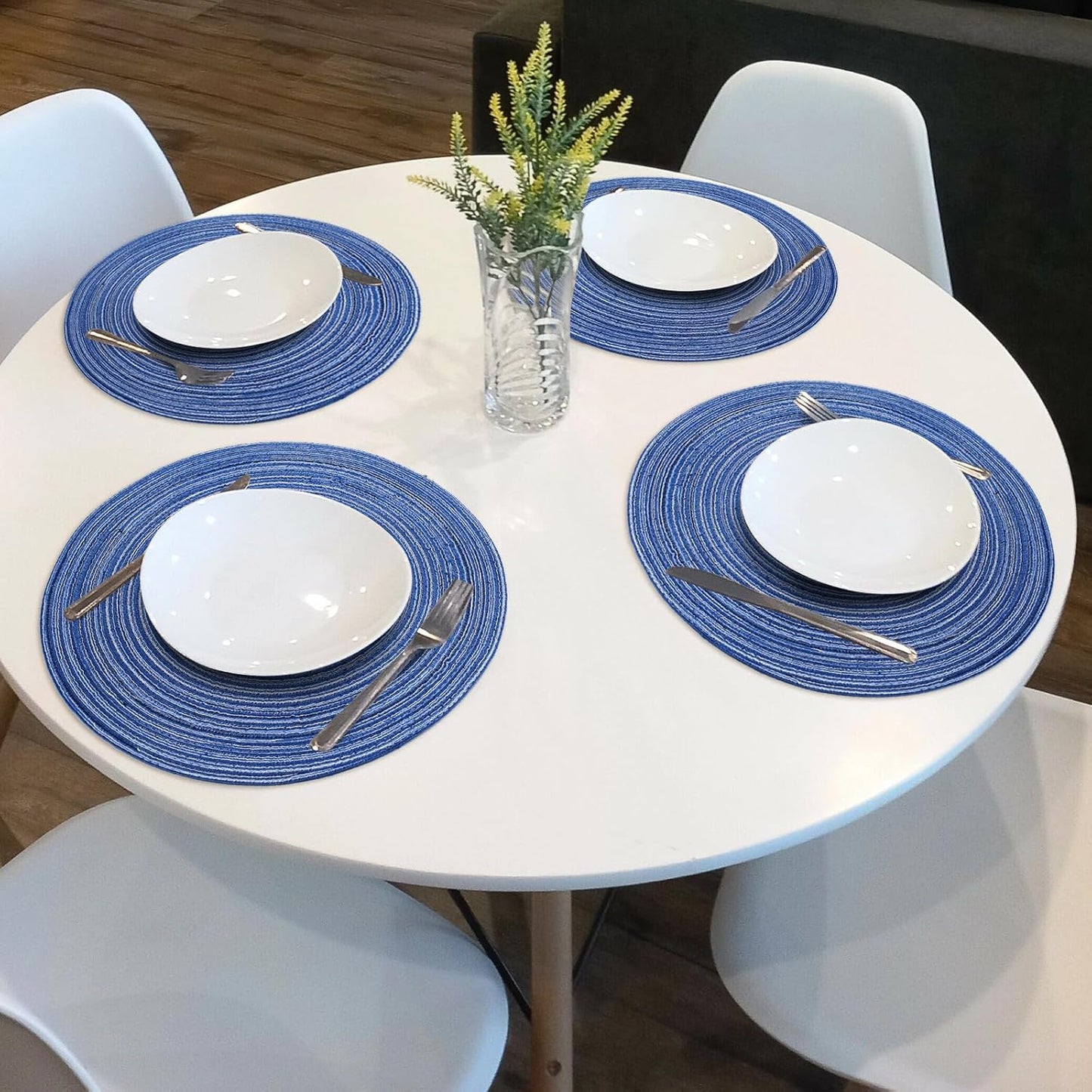round Braided Placemats 15Inch, Placemats Set of 4 Non-Slip, round Placemats Heat Resistant, Woven Placemats for Kitchen Dining Tables-Dark Blue Color