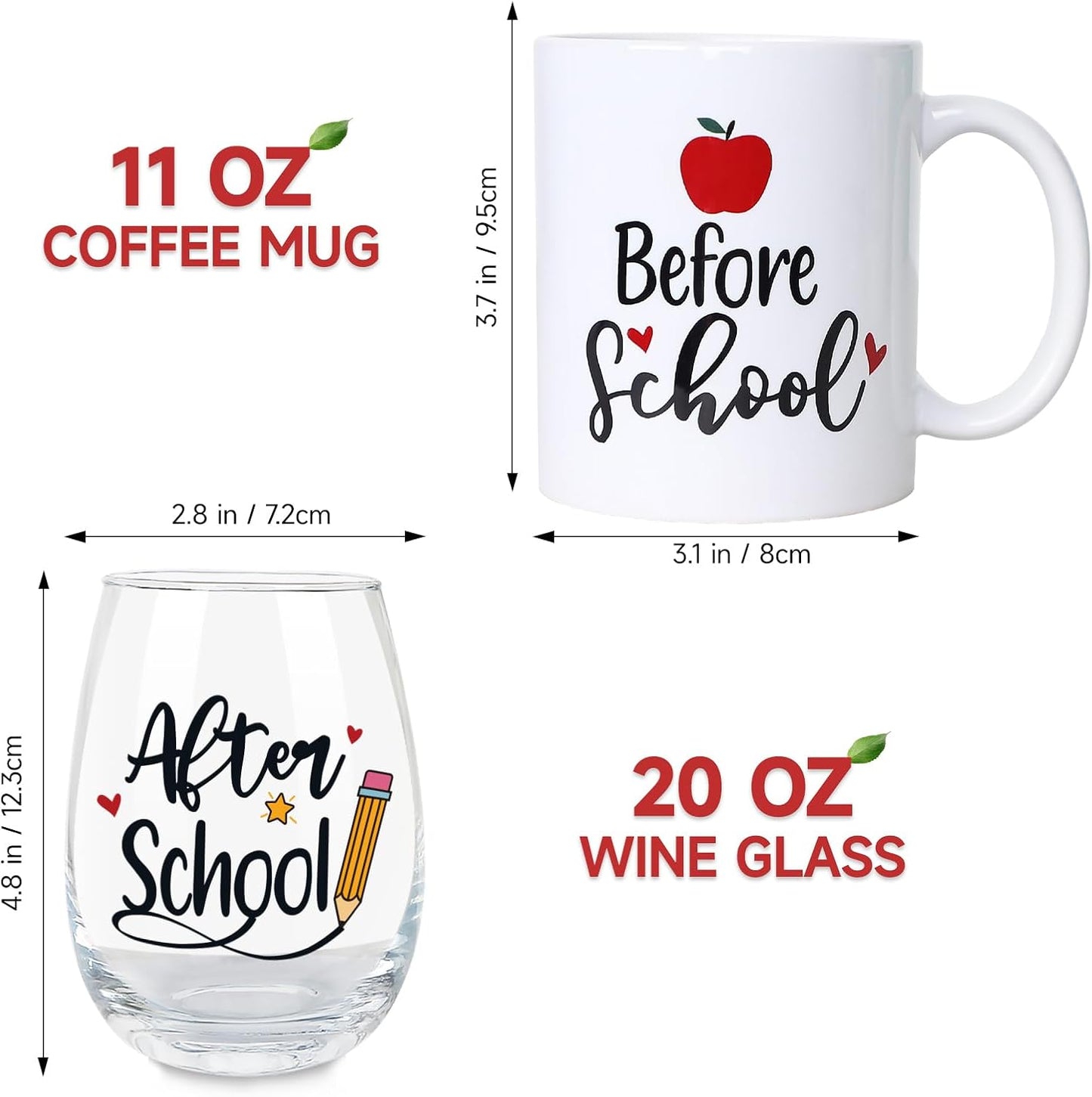 Teacher Appreciation Gifts for Women - 11Oz Coffee Mug & 19Oz Wine Glass, Funny & Thank You Gifts, before & after School Drinks