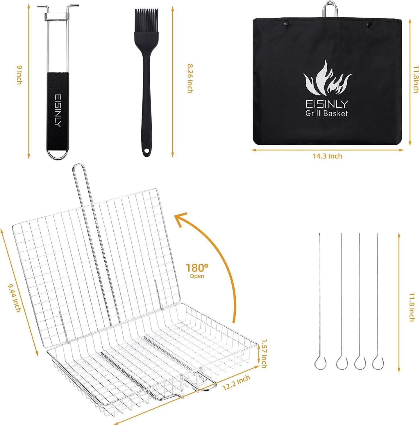 Portable Grill Basket, BBQ Grilling Basket for Outdoor Grill with Removable Handle, Stainless Steel Camping Cooking Grill Accessories for Chicken Fish Vegetable