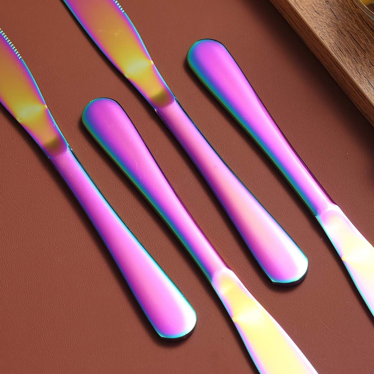 Set of 4 Rainbow Stainless Steel Dinner Knives with Titanium Plating - Colorful and Durable Table Cutlery, Dishwasher Safe