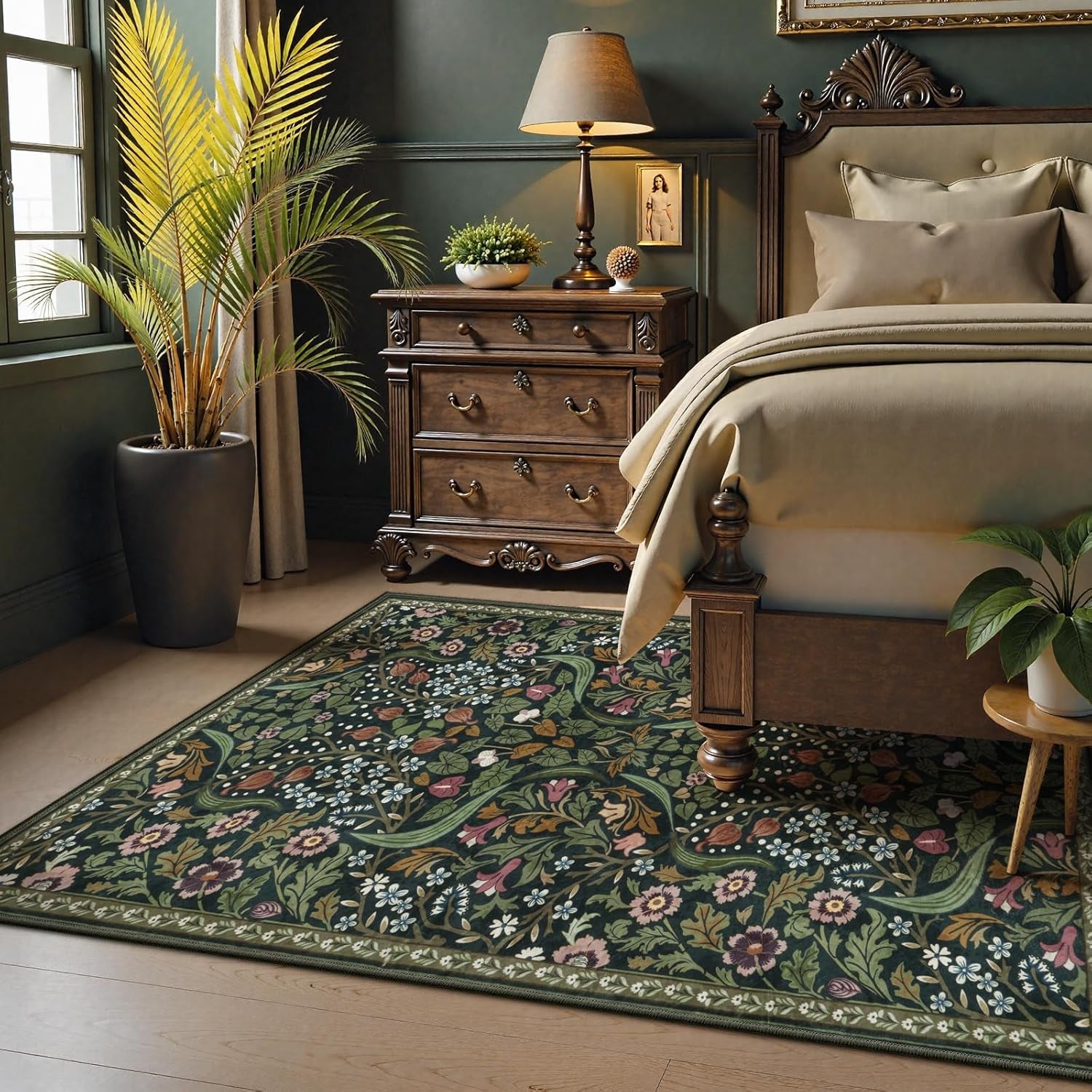 Floral 5X7 Washable Living Room Rugs, Green Area Rugs for Bedroom Rubber Backed, Botanical Thin Stain-Resistant Carpet for Dining Room, Guestroom, Kids Room