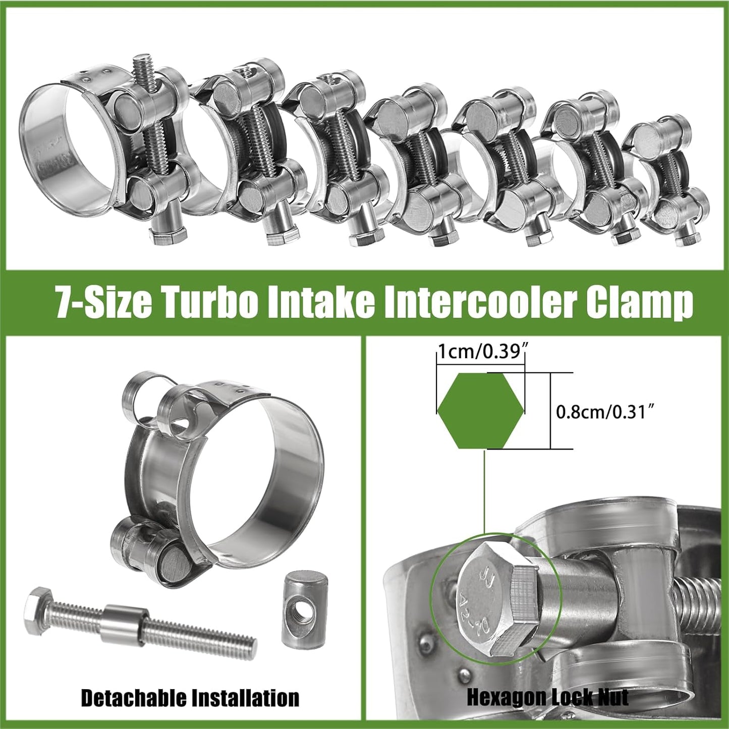 14-Piece Stainless Steel T-Bolt Hose Clamp Set, 7 Size Variations for Turbo Intake, Heavy-Duty Intercooler Pipe and Radiator Hose Applications (17-39mm)