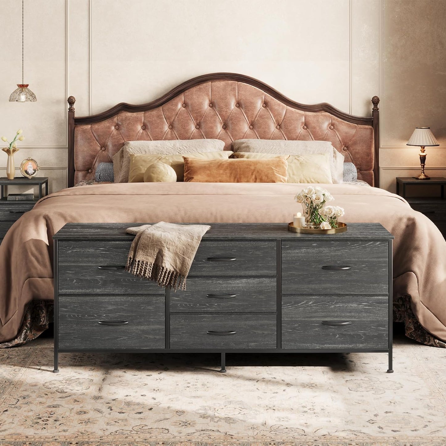 Elegant Charcoal Black Wood Grain Dresser and TV Stand Combo with 7 Drawers, Suitable for 43 to 60 Inch TVs