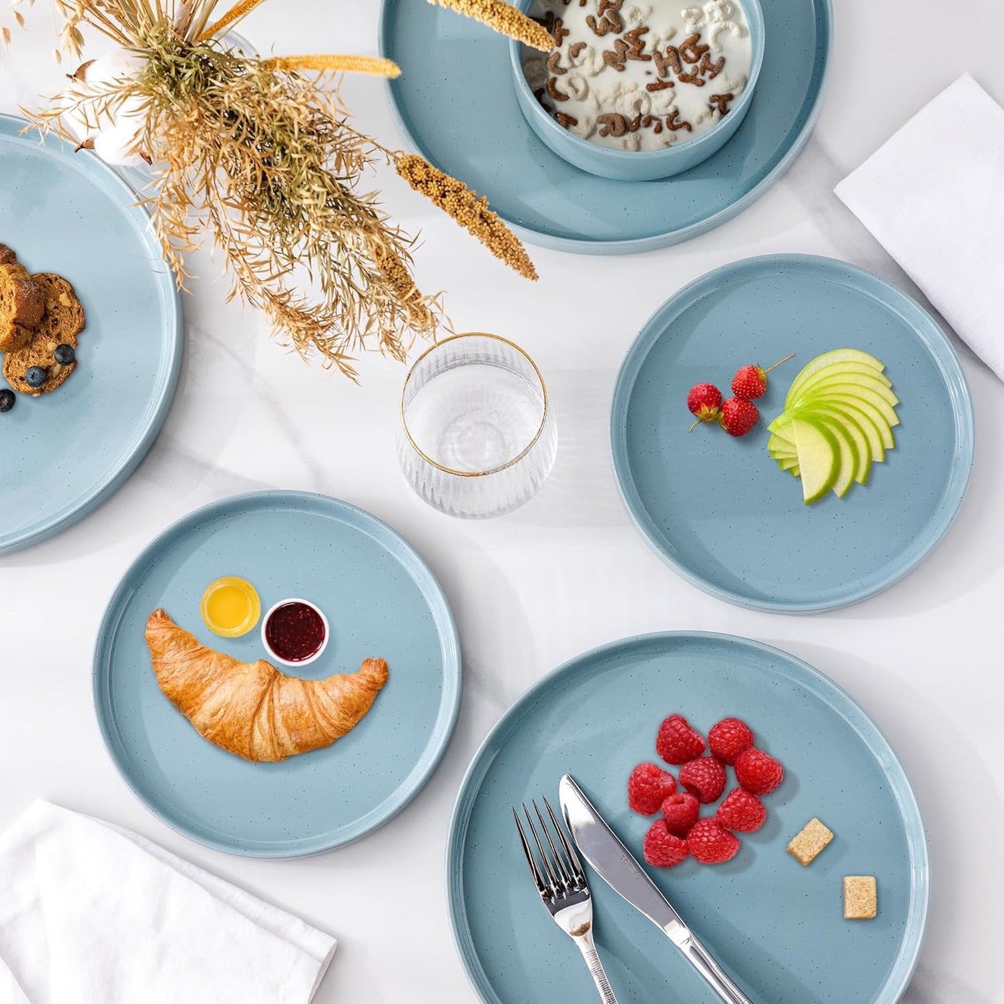 12-Piece Stoneware Dinnerware Set for 4 - Speckled Plates and Bowls with Glazed Bottom, Chip and Scratch Resistant, Dishwasher and Microwave Safe (Stone Blue)