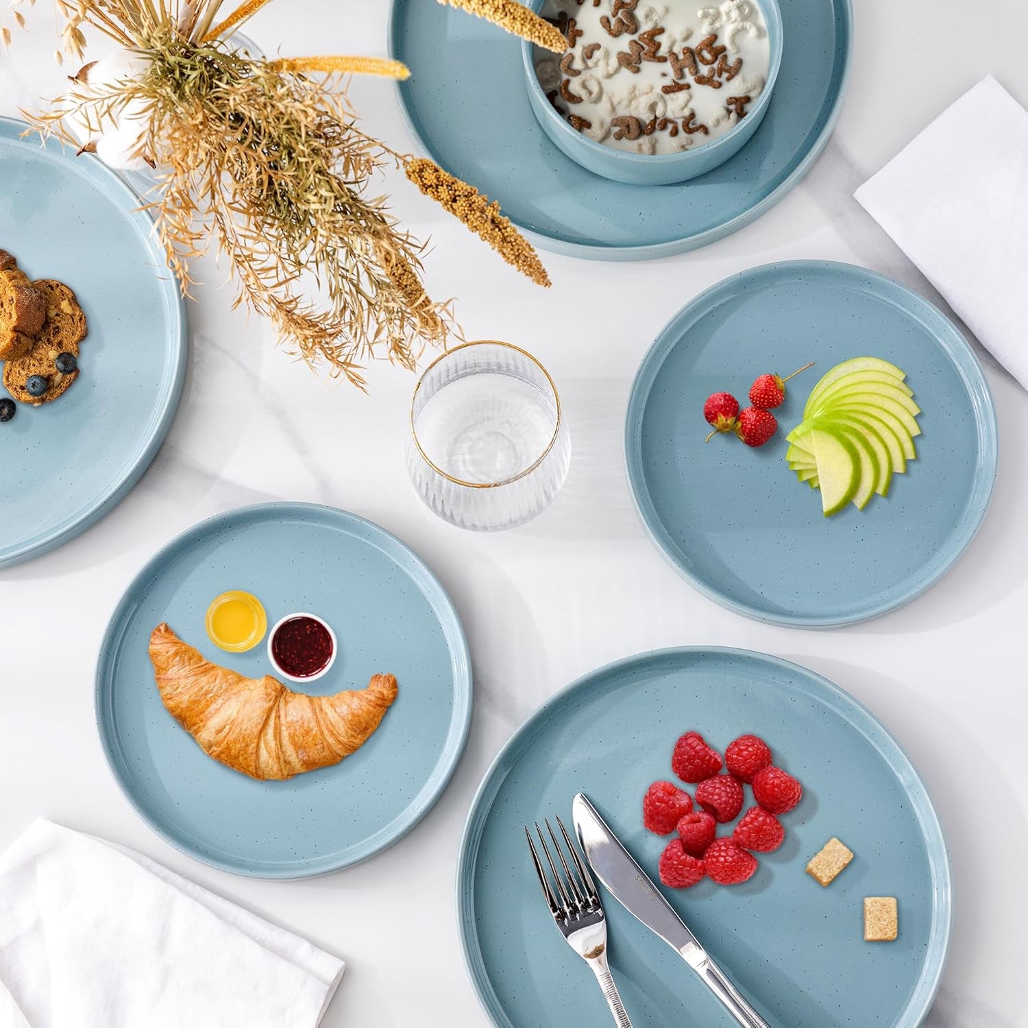 12-Piece Stoneware Dinnerware Set for 4 - Speckled Plates and Bowls with Glazed Bottom, Chip and Scratch Resistant, Dishwasher and Microwave Safe (Stone Blue)