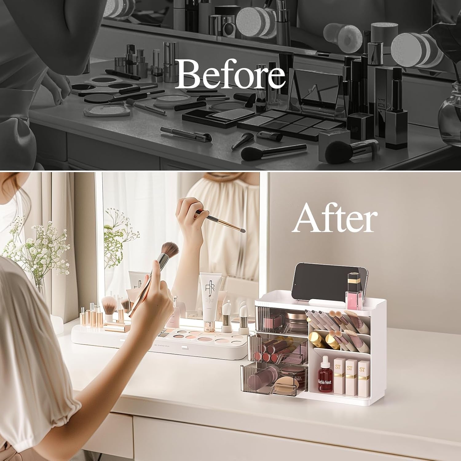 Makeup Organizer with Drawers, Multi-Function Vanity Organizer Countertop, Stackable Desk Organizer for Makeup Brush Lipstick Skincare Bathroom Vanity Organization and Storage, White