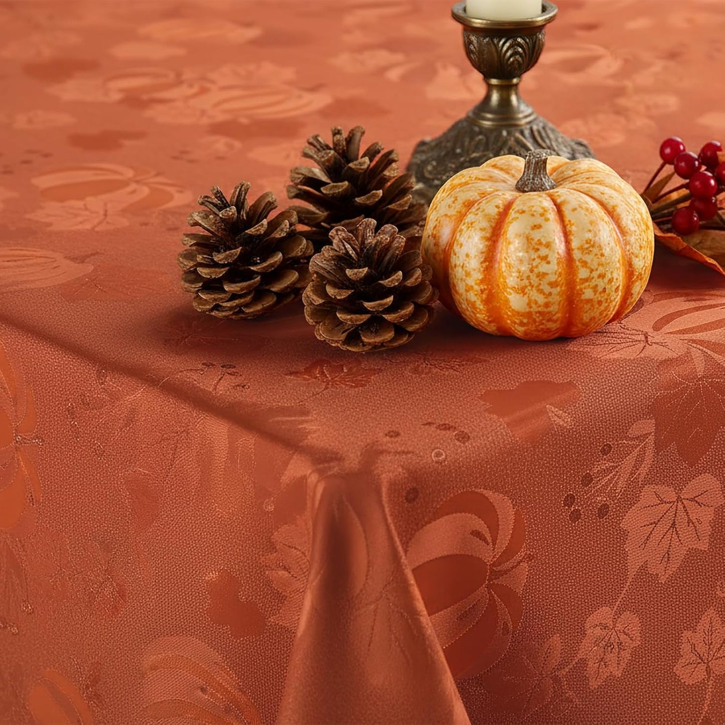 Rectangle Thanksgiving Tablecloth, 60X84 Inch Fall Waterproof Damask Table Cloth, Autumn Leaves Fabric Jacquard Table Covers for Harvest Parties, and Holiday Dinner, Terracotta/Rust