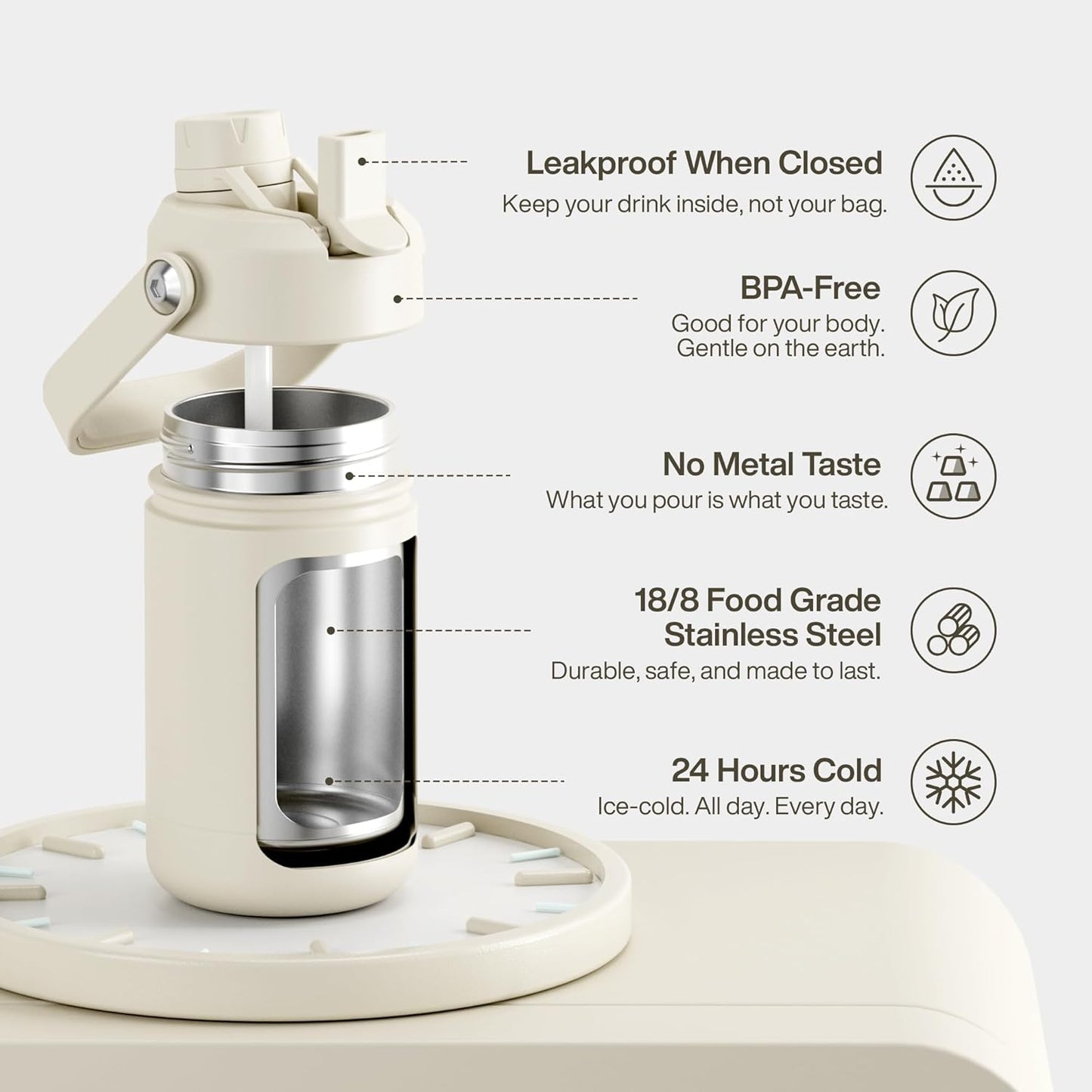 Kids Insualated Water Bottle with Straw - 12Oz Stainless Steel Water Bottle with Dual Spouts, Leak-Proof, Bpa-Free, Double Wall Vacuum Keeps Cold for 24 Hours for Sports, Travel, School (Cream Moon)