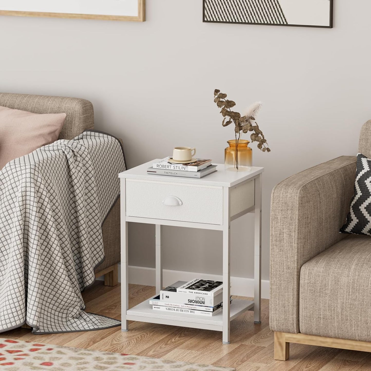 White Nightstand with Fabric Drawer, Small Side Table for Small Spaces, 2 Tiers Storage Shelves End Table, Night Stand for Living Room, Bedroom, Dorm