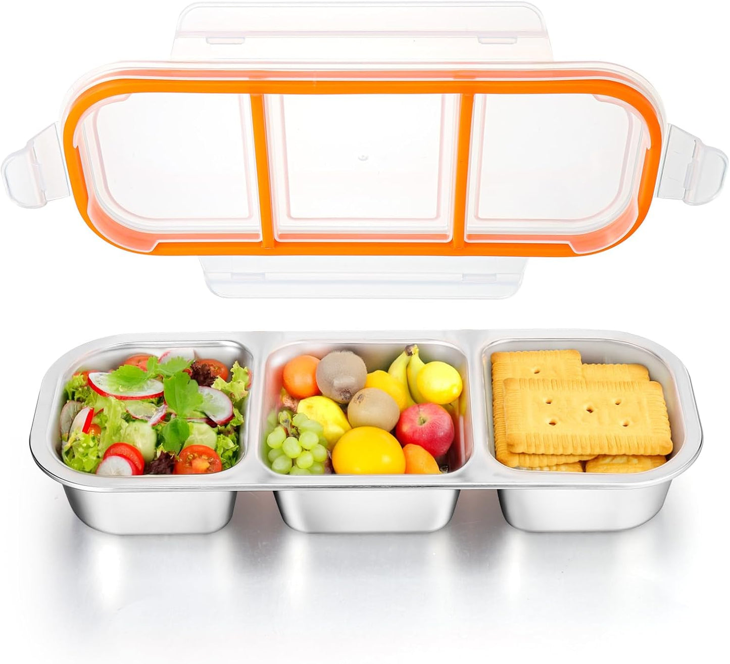 Snackle Box Container Stainless Steel, Reusable Snack Containers with Lids, 3 Compartment Divided Food Storage Containers for School, Home, Travel