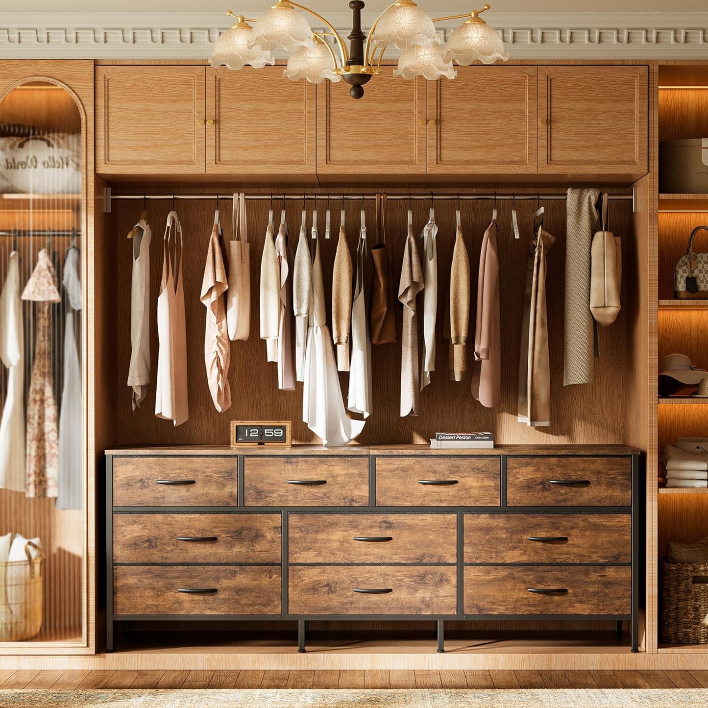 63-Inch Rustic Brown Dresser with 10 Fabric Drawers, Versatile TV Stand for 55 to 70 Inch TVs, Ideal Toy Storage Organizer for Bedrooms and Closets