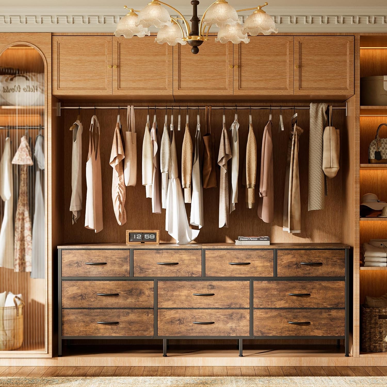 63-Inch Rustic Brown Dresser with 10 Fabric Drawers, Versatile TV Stand for 55 to 70 Inch TVs, Ideal Toy Storage Organizer for Bedrooms and Closets