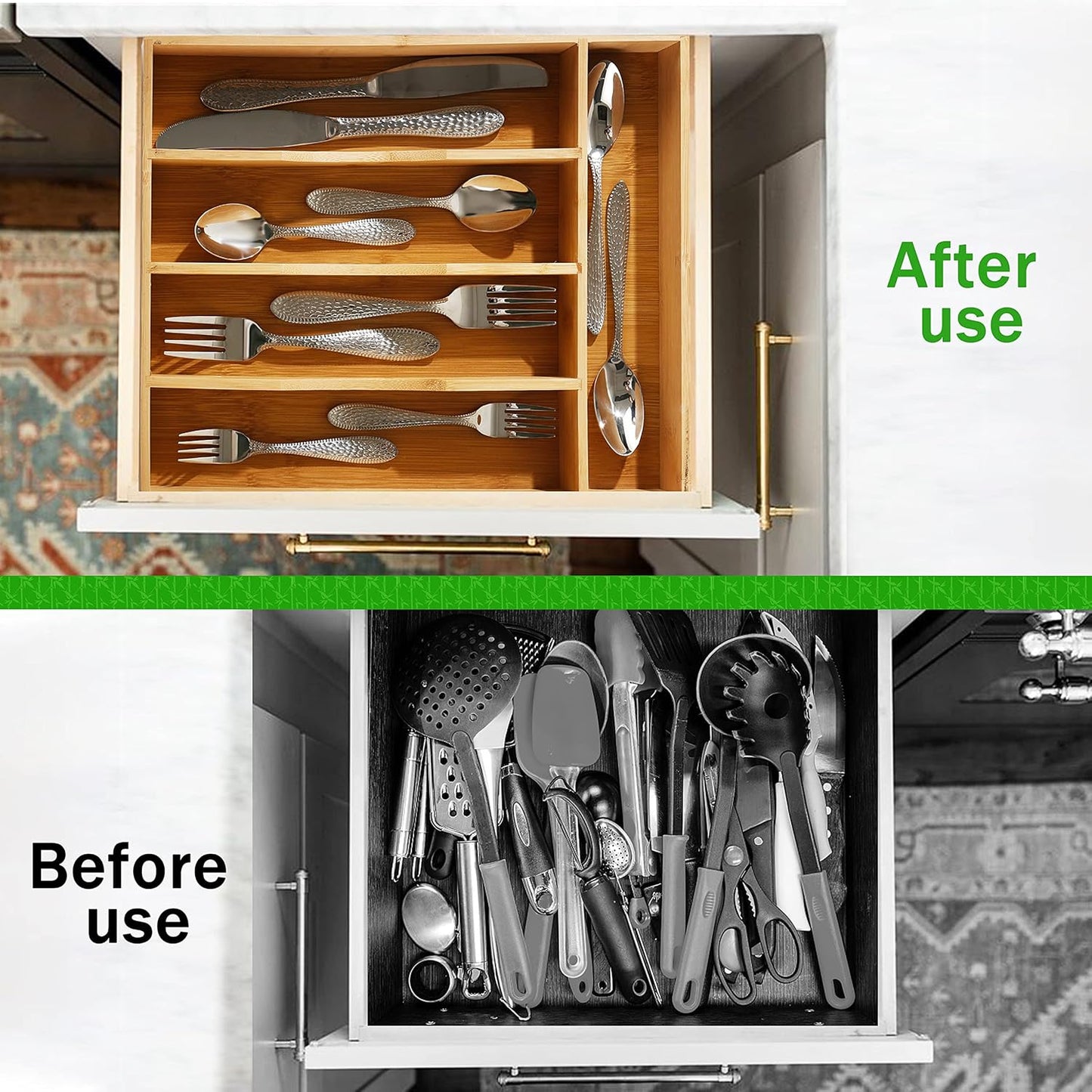 Silverware Organizer 10 in Utensil Organizer Silverware Tray for Drawer Cutlery Flatware Organizer for Kitchen Bamboo Wood