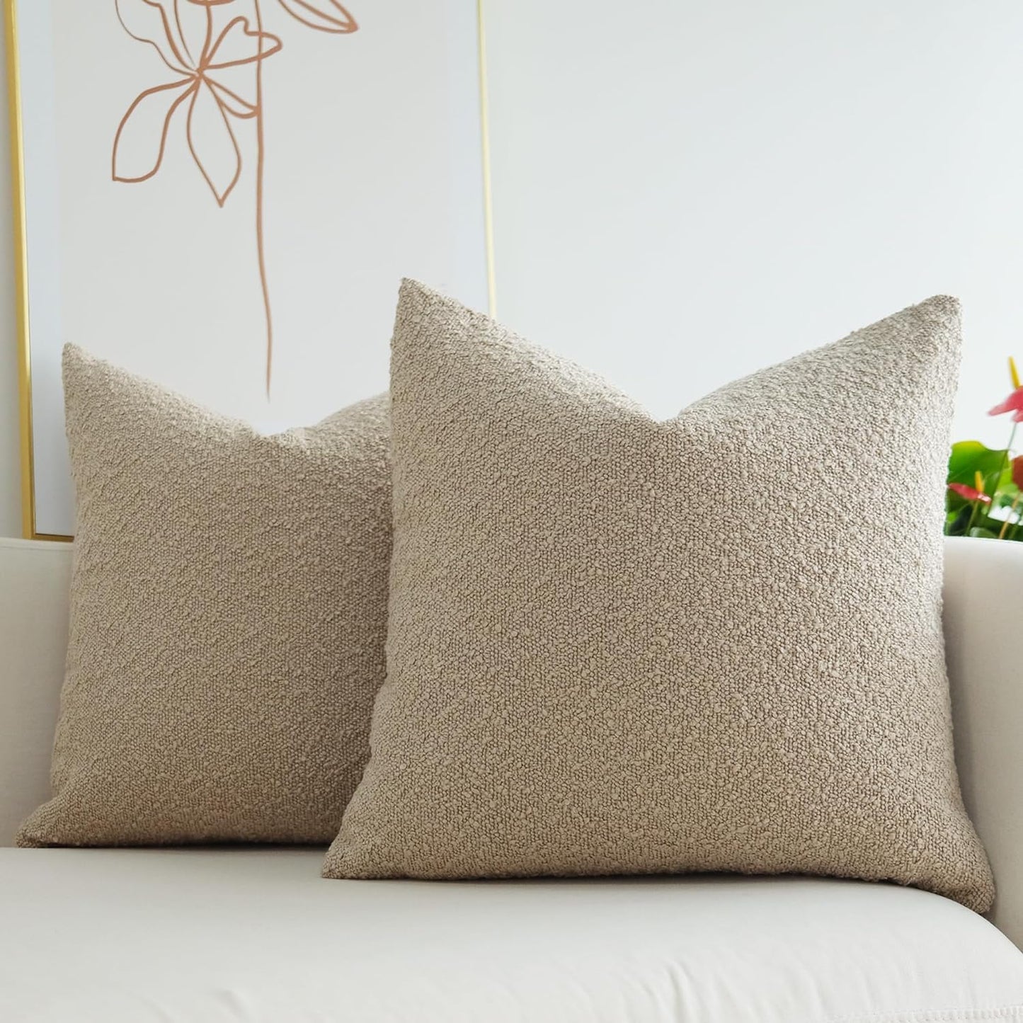 Pack of 2 Textured Boucle Throw Pillow Covers Accent Solid Pillowcovers Home Decor 20 X 20 Inch Khaki