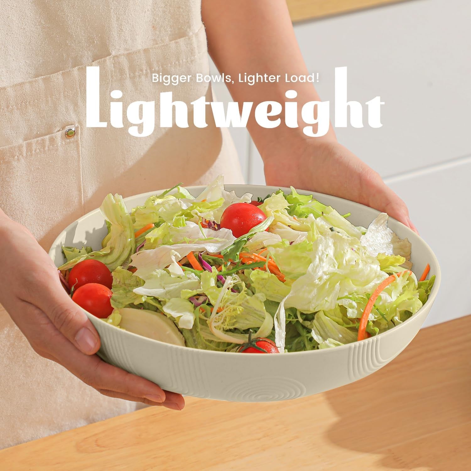 Large 65 Oz Wheat Straw Salad Bowls - Set of 6, 10 Inch Wide and Shallow Serving Bowls, Dishwasher Safe, Beige