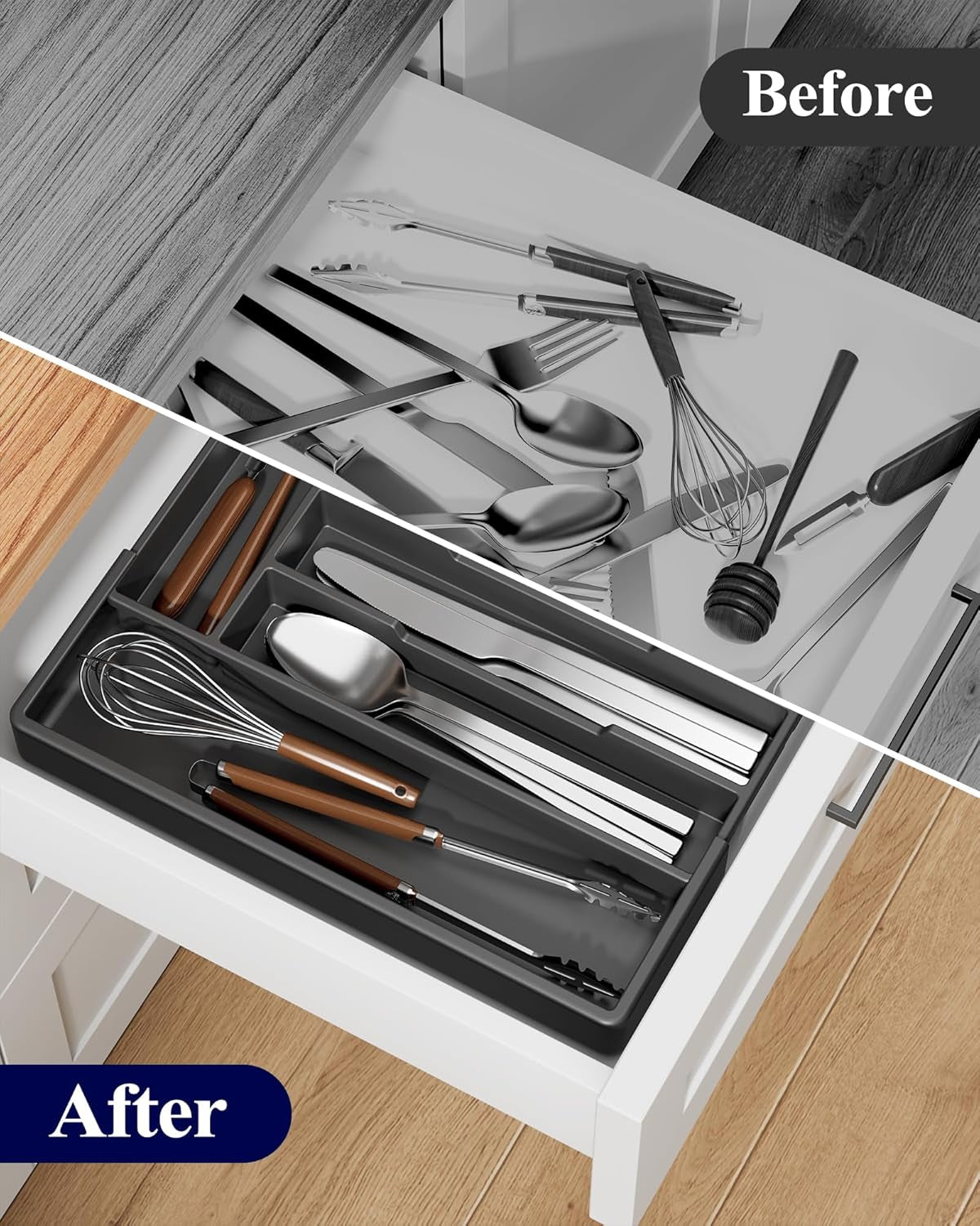 Silverware Organizer for Drawers - Expandable Cutlery and Utensil Drawer Organizer with Easy Maintenance, Premium PP Kitchen Organizers and Storage for Flatware, Black, 13.2" X 12.2" X 1.6"