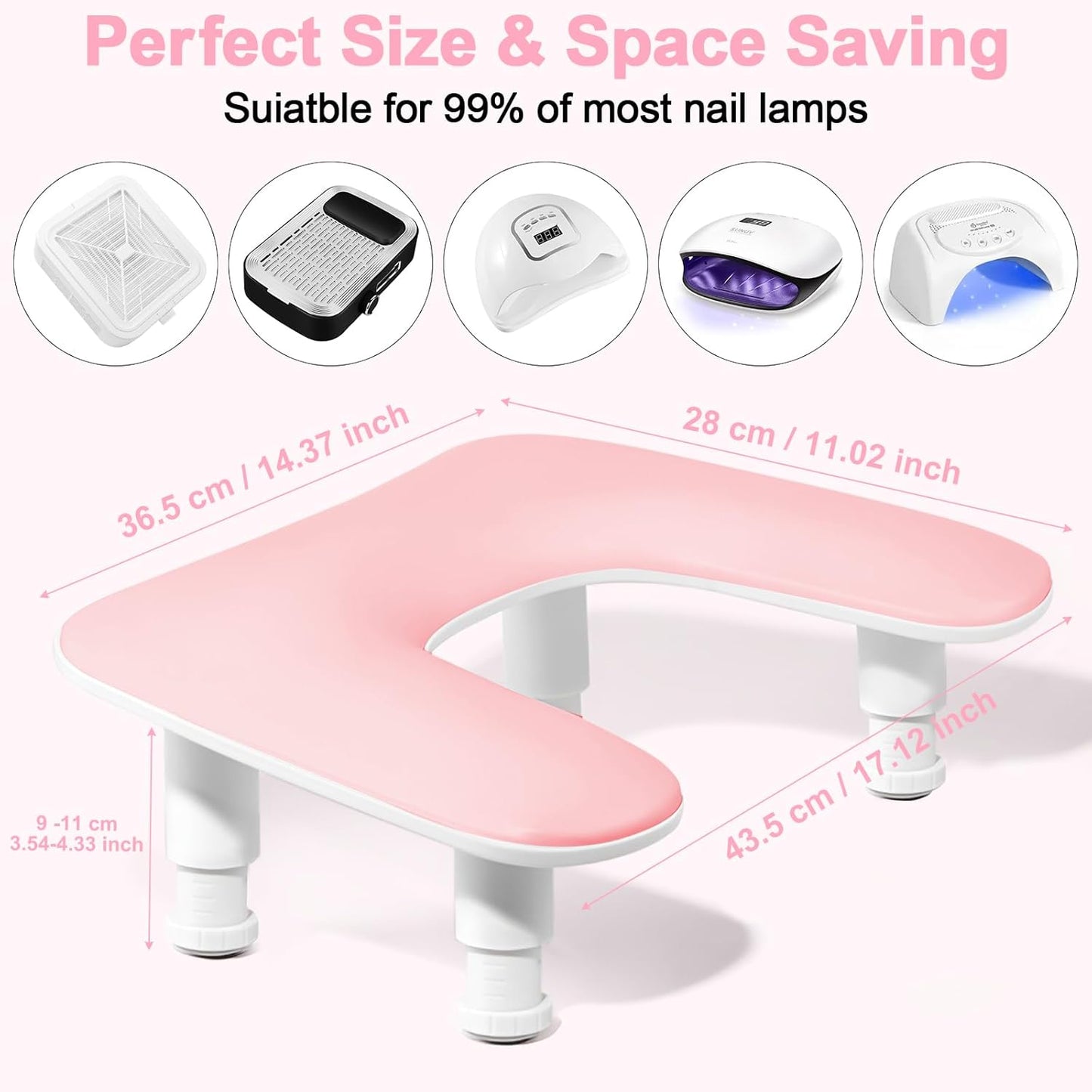Nail Arm Rest, U-Shaped Adjustable Height Nail Hand Rest for Manicure, Microfiber PU Leather Hand Rest Pillow for Acrylic Nail, Soft Hand Rest/Nail Hand Pillow for Manicure Salon Use-Pink