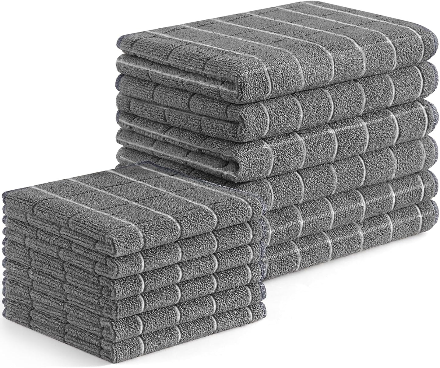 Microfiber Kitchen Towels and Dishcloths Set, 12 Pack Soft and Absorbent Dish Hand Towels Bulk, 28 X 16 Inch & 12 X 12 Inch Quick Drying Rags for Washing Dishes, Grey