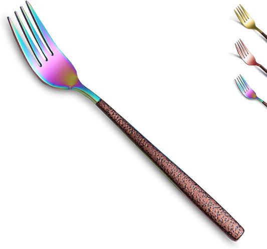 Set of 4 Stainless Steel Dinner Forks with Moon Surface Handle and Rainbow Finish, Dishwasher Safe Silverware