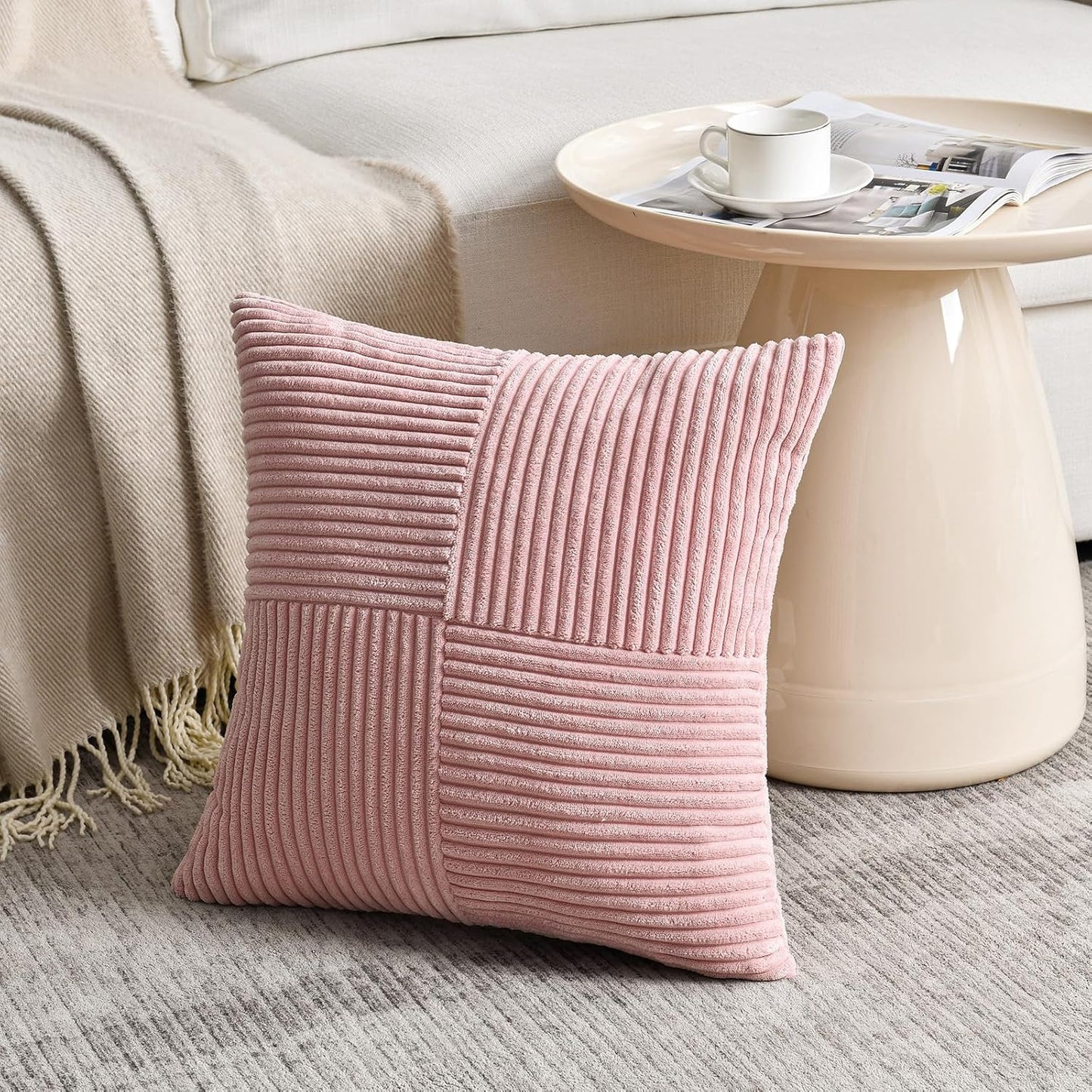4 Packs Blush Pink Decorative Throw Pillow Covers 18X18 Inch for Living Room Couch Bed, Rustic Farmhouse Boho Home Decor, Soft Cross Corduroy Patchwork Textured Square Cushion Case 45X45 Cm