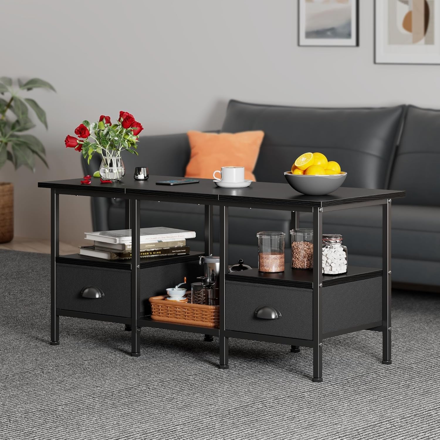 35" Coffee Table with 2 Storage Drawers, Small Coffee Tables for Living Room, Modern Center Table with 2 Tier Shelf, Black