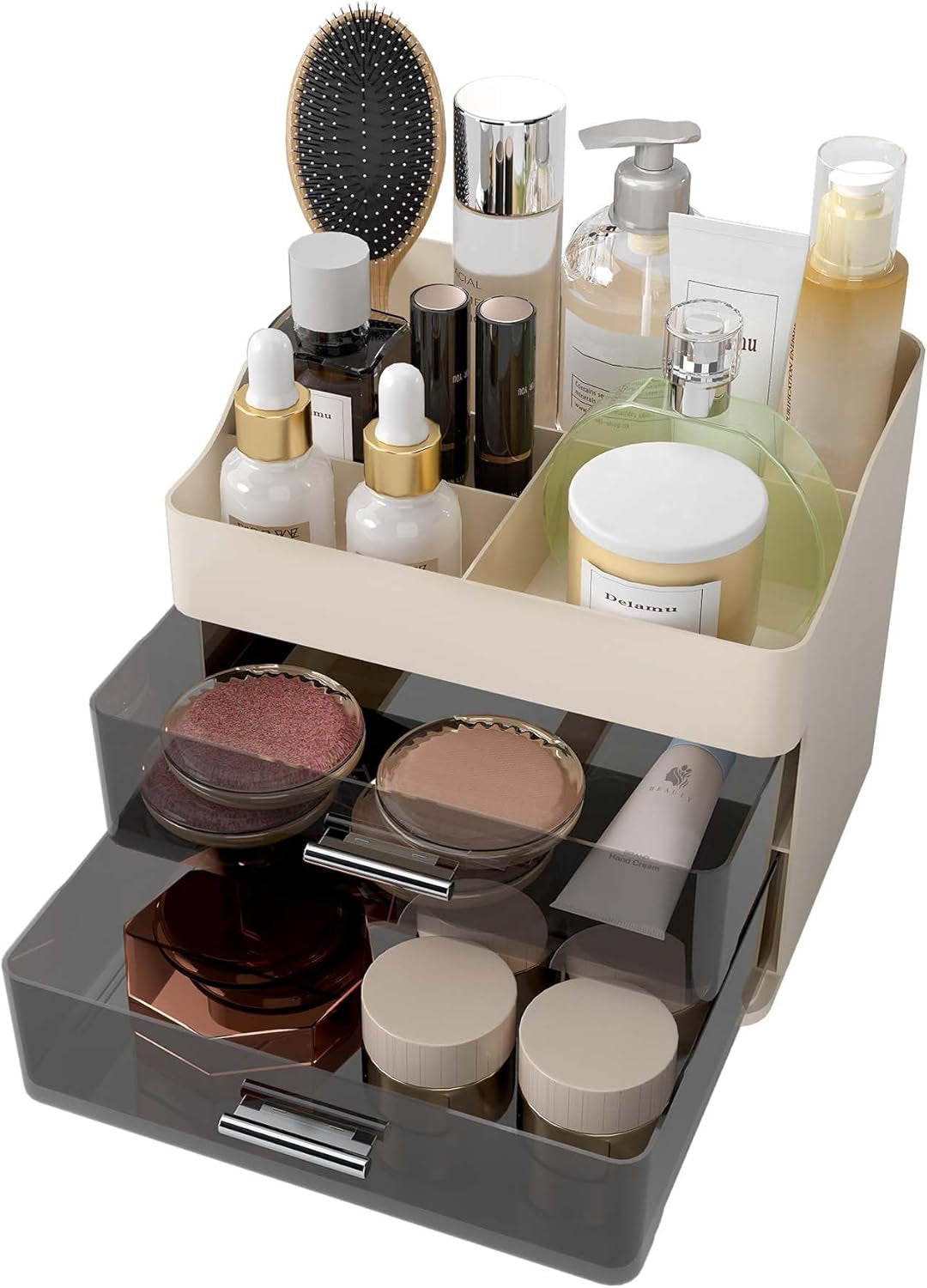 Makeup Organizer Countertop, 3-Tier Large Capacity Bathroom Counter Organizer with 2 Clear Drawers for Easy Access, Ideal for Makeup, Skincare, Lipsticks, Office Supplies, Present, Etc, Beige