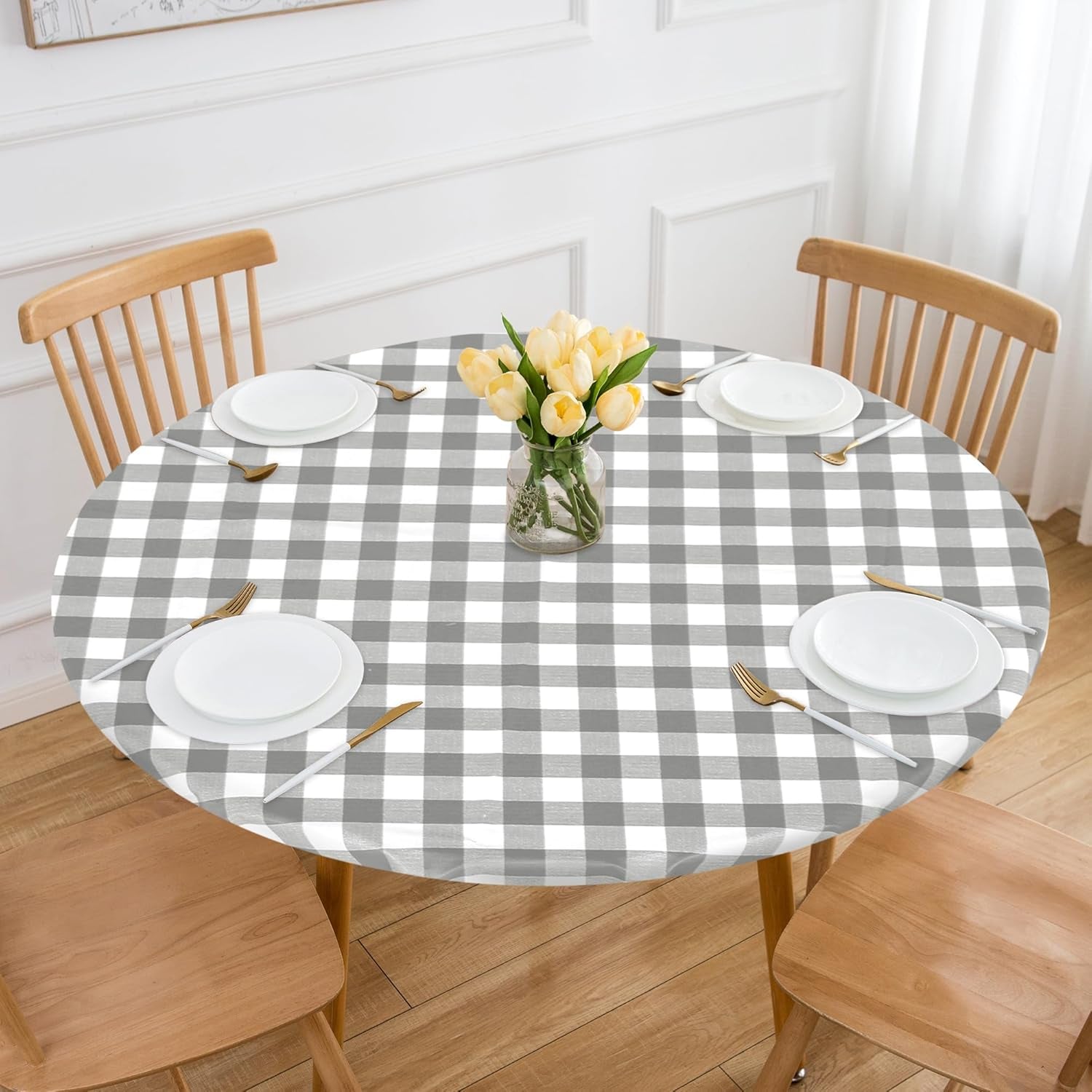 Round Vinyl Fitted Table Cover Set - 2 Pack Waterproof Checkered Elastic Edged Tablecloths with Flannel Backing for Picnics and Parties, Silver/White (Suitable for 45"-56" Round Tables)