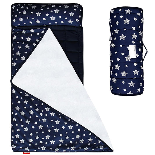 Toddler Nap Mat Boy Navy and Fleece Minky Blanket, Lightweight and Soft Perfect for Kids Preschool, Daycare, Travel Sleeping Bag for Boys, 21" X 50" Fit on a Standard Cot