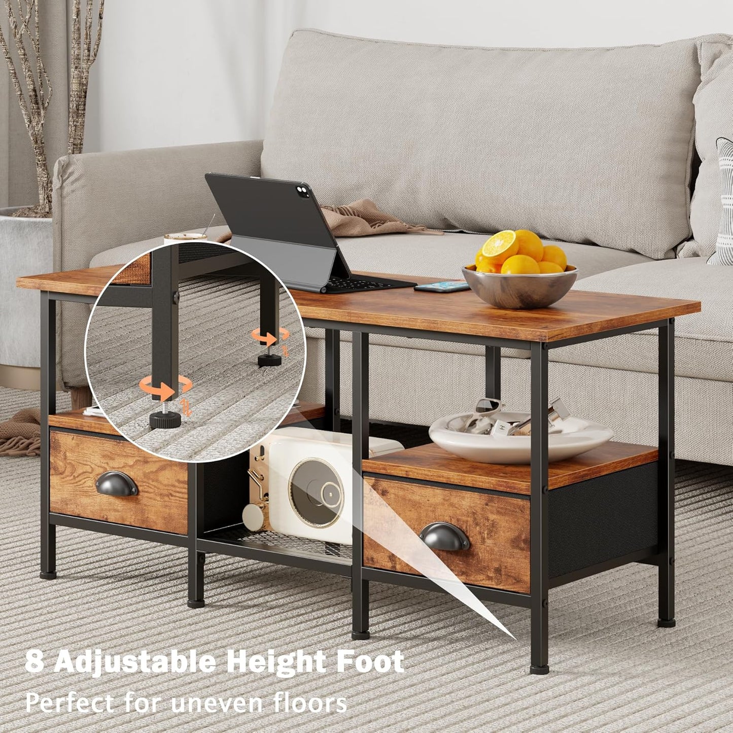 35" Coffee Table with 2 Storage Drawers, Small Coffee Tables for Living Room, Industrial Center Table with 2 Tier Storage Shelf, Rustic Brown