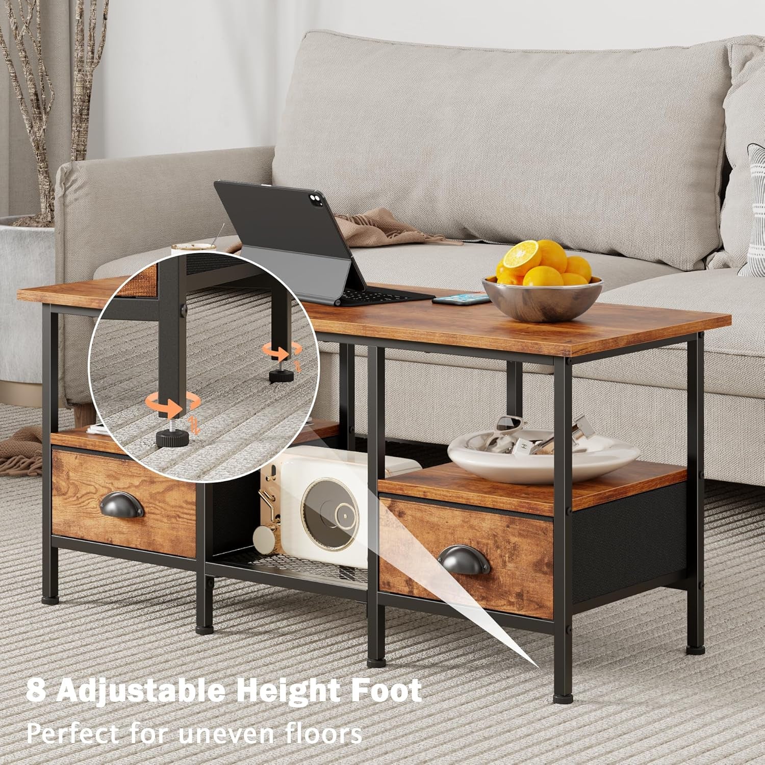 35" Coffee Table with 2 Storage Drawers, Small Coffee Tables for Living Room, Industrial Center Table with 2 Tier Storage Shelf, Rustic Brown