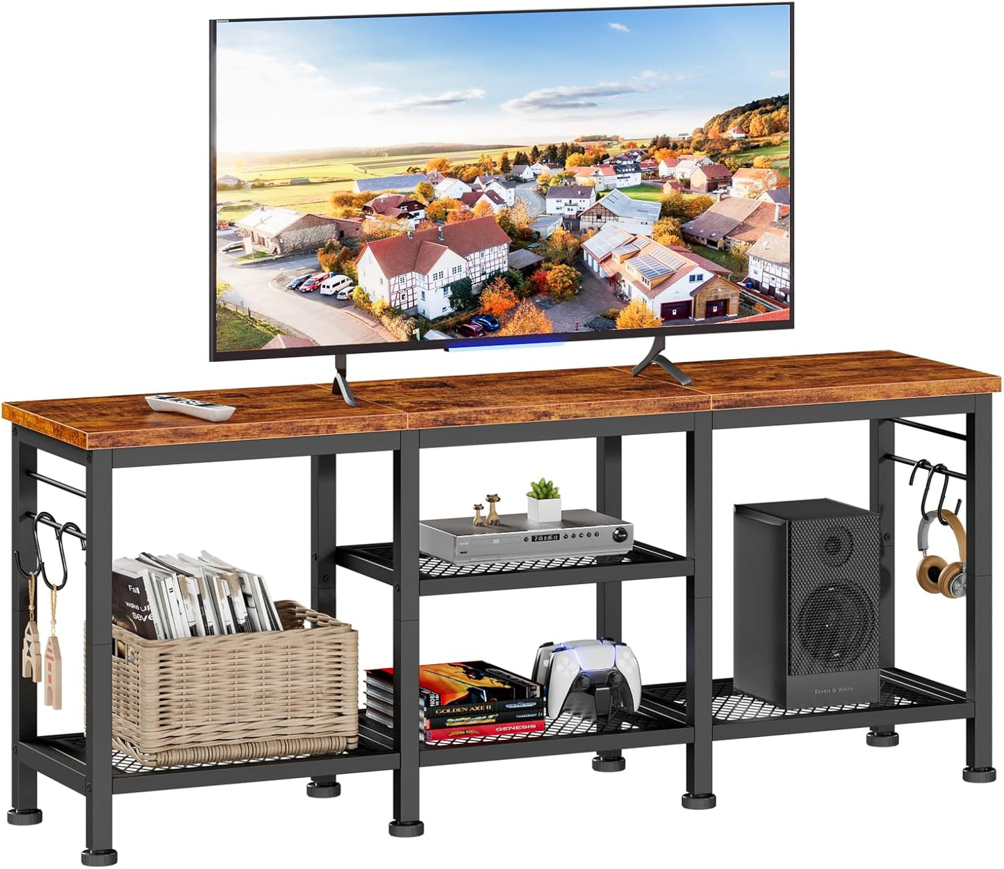 TV Stand for Tvs up to 55 Inch, Entertainment Center with Open Storage Shelves, Media Console Table with Soundbar Shelf for Living Room, Bedroom, Rustic Brown
