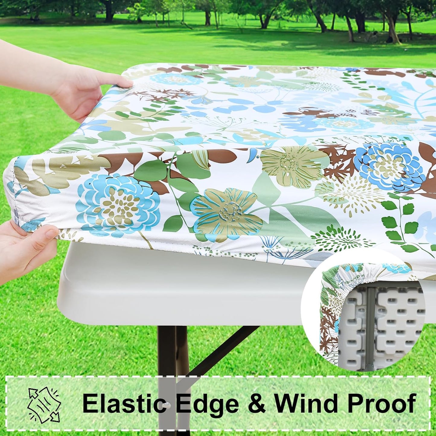 Rectangle Vinyl Tablecloth, Fitted Table Cover, 100% Waterproof, Elastic Edge, Flannel Backing, Table Cloth Fit 6 Foot Folding Tables for Picnic, Outdoor (Leaves, 30X72 Inch)