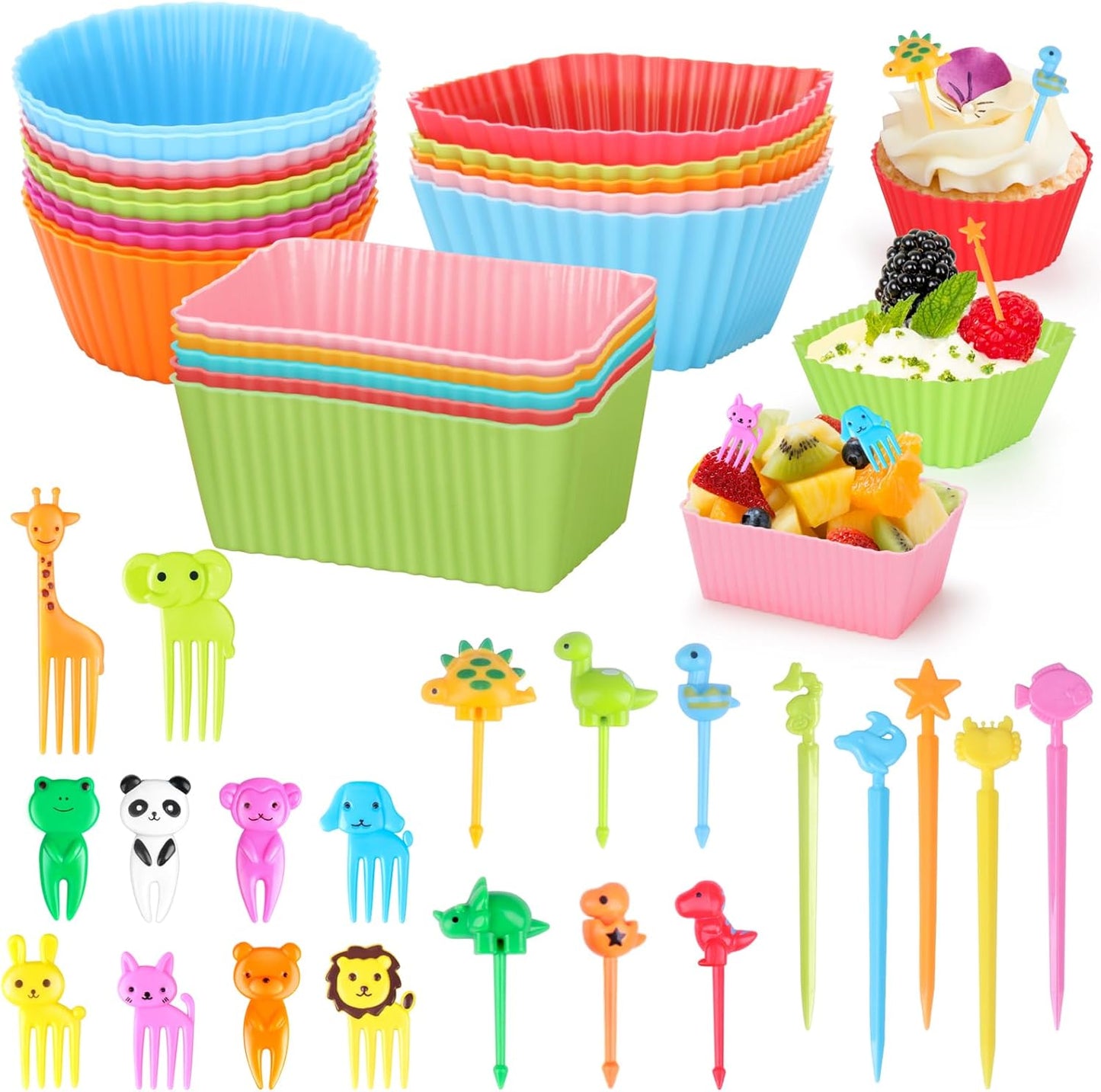 70 Pcs Silicone Lunch Box Dividers Set, Thicked Silicone Cupcake Liners for Baking, Reusable Lunch Bento Box Accessories with Animal Food Picks for Kids (20 Cupcake Cup + 50 Picks)